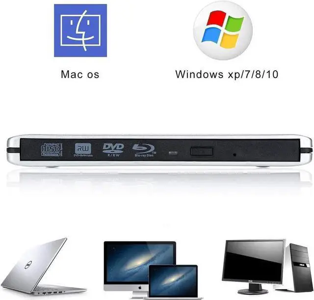 Alt view image 3 of 7 - Vszerda Silver Slim External Blu Ray DVD Drive USB3.0 Portable BD CD DVD RW Reader Writer Compatible with Windows 7/8/10 Mac OS MacBook iMac Laptop Desktop PC