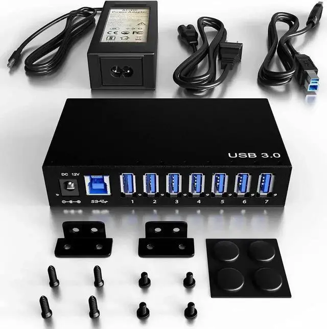 Alt view image 2 of 7 - Vszerda 7-Port Aluminum Powered USB 3.0 Hub, 36W 12V3A Adapter for HDD Laptop Game Console