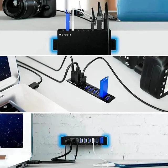 Alt view image 3 of 7 - Vszerda 7-Port Aluminum Powered USB 3.0 Hub, 36W 12V3A Adapter for HDD Laptop Game Console