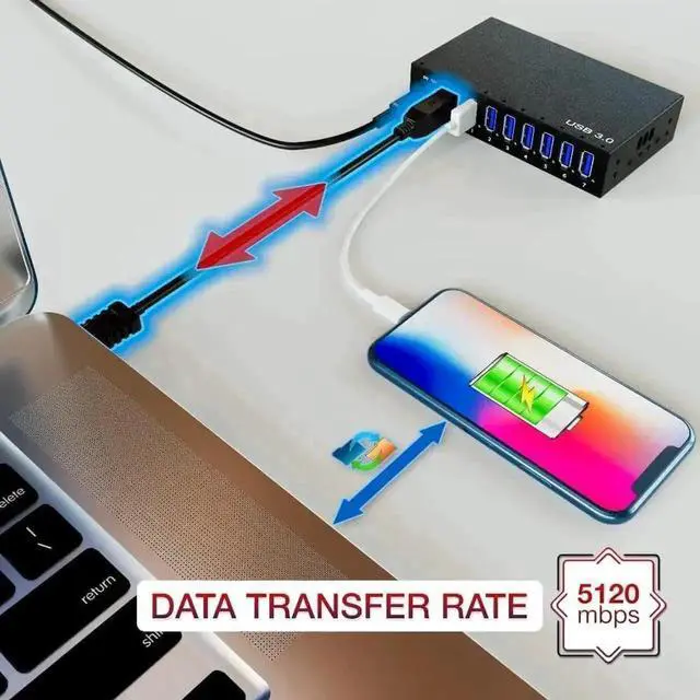 Alt view image 5 of 7 - Vszerda 7-Port Aluminum Powered USB 3.0 Hub, 36W 12V3A Adapter for HDD Laptop Game Console