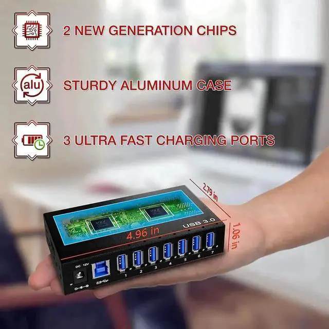 Alt view image 7 of 7 - Vszerda 7-Port Aluminum Powered USB 3.0 Hub, 36W 12V3A Adapter for HDD Laptop Game Console