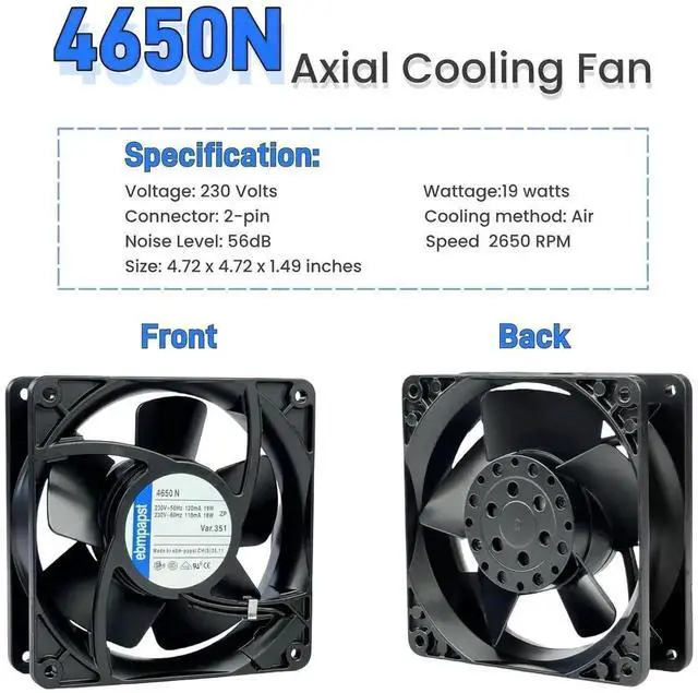 Alt view image 3 of 7 - Vszerda ebmpapst 4650N All-Metal High Temperature Resistant Axial Cooling Fan, 120×120×38mm AC 230V 50/60Hz 0.12A 2-Pin Industrial Cabinet Fan
