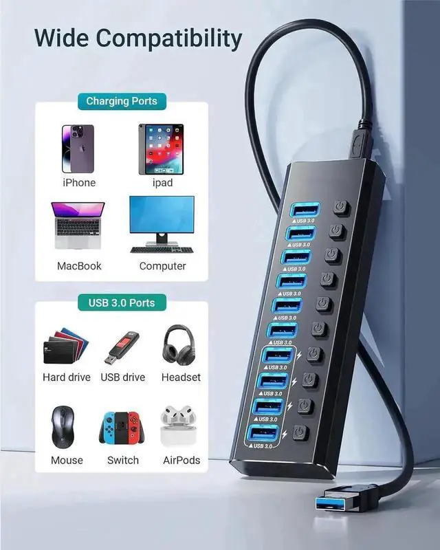 Alt view image 3 of 7 - 14-Port Powered USB 3.0 Hub Aluminum Housing, 10 USB 3.0 Data Ports + 4 Smart Charging Ports, Individual On/Off Switches with LED Indicators, Powered USB Splitter with Power Adapter for Laptops & Desk