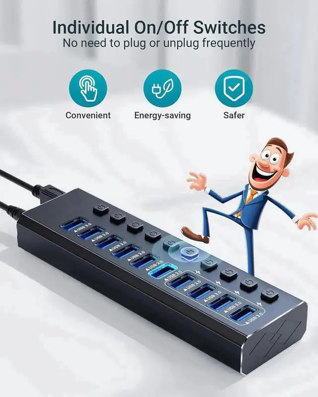 Alt view image 6 of 7 - 14-Port Powered USB 3.0 Hub Aluminum Housing, 10 USB 3.0 Data Ports + 4 Smart Charging Ports, Individual On/Off Switches with LED Indicators, Powered USB Splitter with Power Adapter for Laptops & Desk