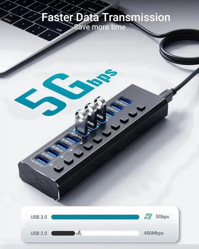 Alt view image 5 of 7 - 14-Port Powered USB 3.0 Hub Aluminum Housing, 10 USB 3.0 Data Ports + 4 Smart Charging Ports, Individual On/Off Switches with LED Indicators, Powered USB Splitter with Power Adapter for Laptops & Desk