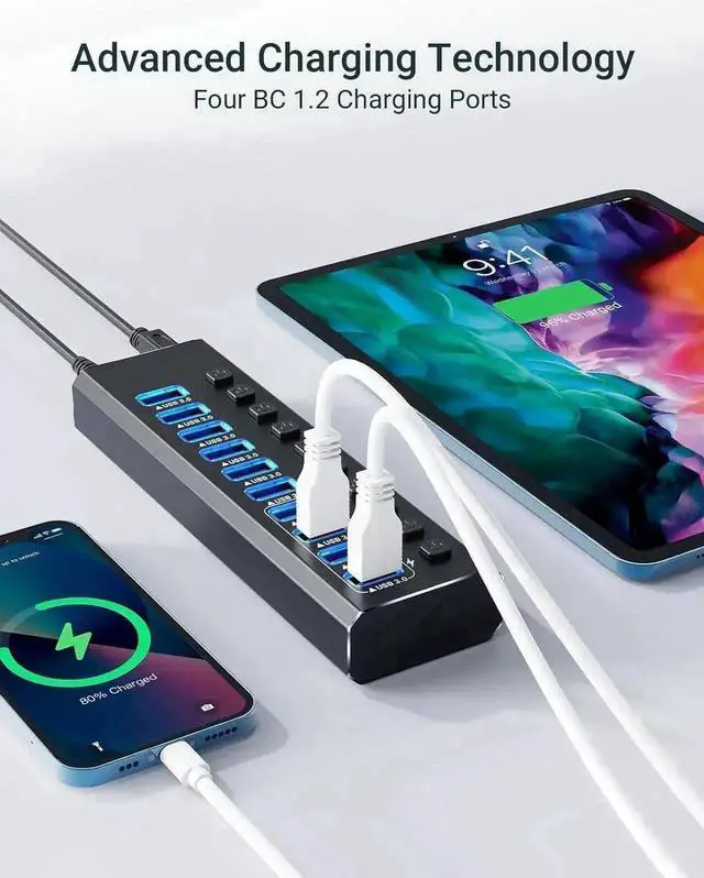 Alt view image 7 of 7 - 14-Port Powered USB 3.0 Hub Aluminum Housing, 10 USB 3.0 Data Ports + 4 Smart Charging Ports, Individual On/Off Switches with LED Indicators, Powered USB Splitter with Power Adapter for Laptops & Desk