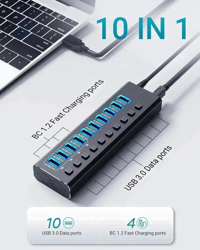 Alt view image 4 of 7 - 14-Port Powered USB 3.0 Hub Aluminum Housing, 10 USB 3.0 Data Ports + 4 Smart Charging Ports, Individual On/Off Switches with LED Indicators, Powered USB Splitter with Power Adapter for Laptops & Desk