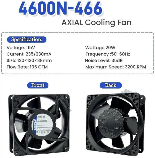Alt view image 7 of 7 - Vszerda ebmpapst 4600N-466 Axial Cooling Fan, 115V 20W 106CFM All-Metal High Heat Resistant Industrial Cabinet Fan