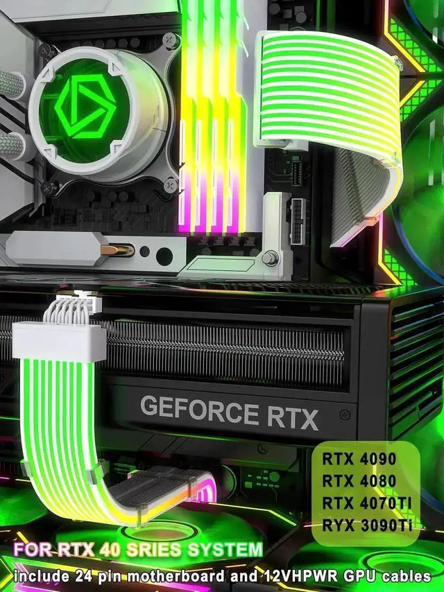 Alt view image 2 of 7 - Vszerda ARGB 12VHPWR Male to Female PSU Extension Cable Kit with Flexible LED Strips, 24Pin Motherboard + 16Pin GPU Power Cables for RTX 40 / RTX 50 Series Custom PC Builds