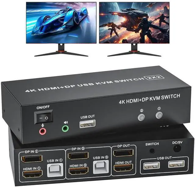 Main image of Vszerda 2x2 Hybrid DP 1.4+HDMI Dual Monitor KVM Switch 4K@60Hz, USB 2.0 KVM Switcher with Audio Mic Port for 2 PCs Share 2 Displays Keyboard Mouse Printer