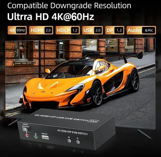 Alt view image 7 of 7 - Vszerda 2x2 Hybrid DP 1.4+HDMI Dual Monitor KVM Switch 4K@60Hz, USB 2.0 KVM Switcher with Audio Mic Port for 2 PCs Share 2 Displays Keyboard Mouse Printer