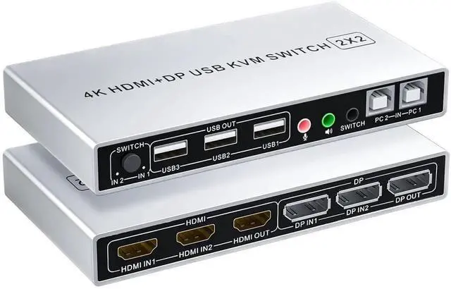 Main image of Vszerda Dual Monitor KVM Switch 2 In 2 Out, Hybrid DP+HDMI Input & Output 4K@60Hz KVM Switcher for 2 Computers Share Two Monitors