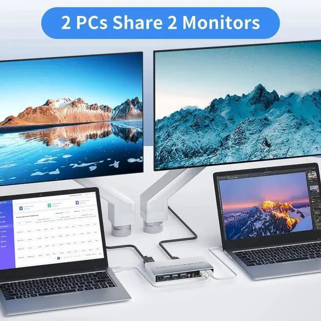 Alt view image 5 of 7 - Vszerda Dual Monitor KVM Switch 2 In 2 Out, Hybrid DP+HDMI Input & Output 4K@60Hz KVM Switcher for 2 Computers Share Two Monitors