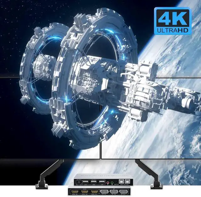 Alt view image 7 of 7 - Vszerda Dual Monitor KVM Switch 2 In 2 Out, Hybrid DP+HDMI Input & Output 4K@60Hz KVM Switcher for 2 Computers Share Two Monitors