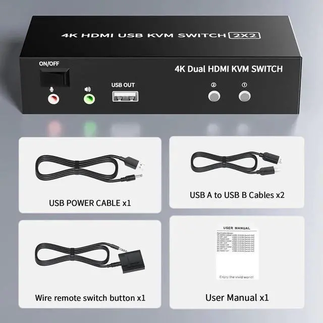 Alt view image 5 of 7 - Vszerda 2x2 Dual Monitor HDMI KVM Switch 4K@60Hz, 2 Port KVM Switcher with 5 USB 2.0 Ports, Wired Remote & USB Power Cable for 2 PCs Share Two Displays