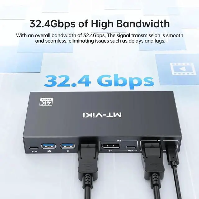 Alt view image 2 of 6 - Vszerda MT-VIKI 2 Port DP 1.4 KVM Switch 8K@60Hz 4K@144Hz, 4 USB 3.0 Ports for 2 PCs Share 1 Monitor Keyboard Mouse, 2 USB A to C Cables Included