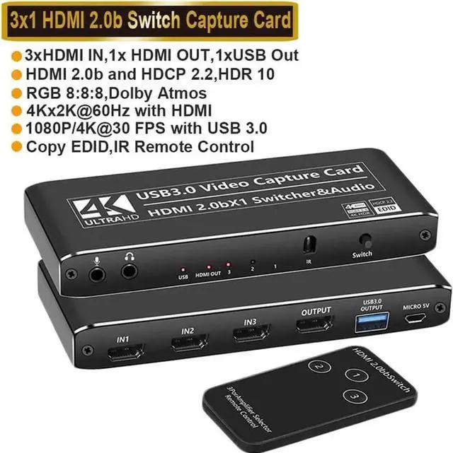 Main image of Vszerda 3×1 4K@60Hz HDMI Multiview Capture Card with HDMI Loopout & 3.5mm Mic/Audio Port, USB Video Grabber for PS5 PS4 Pro Xbox Series X/S Xbox One X/S PC Mac Live Stream Recording
