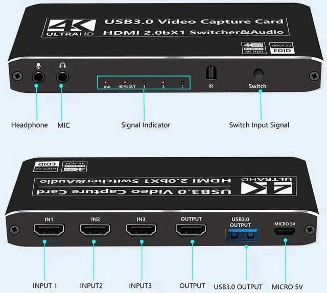 Alt view image 3 of 7 - Vszerda 3×1 4K@60Hz HDMI Multiview Capture Card with HDMI Loopout & 3.5mm Mic/Audio Port, USB Video Grabber for PS5 PS4 Pro Xbox Series X/S Xbox One X/S PC Mac Live Stream Recording