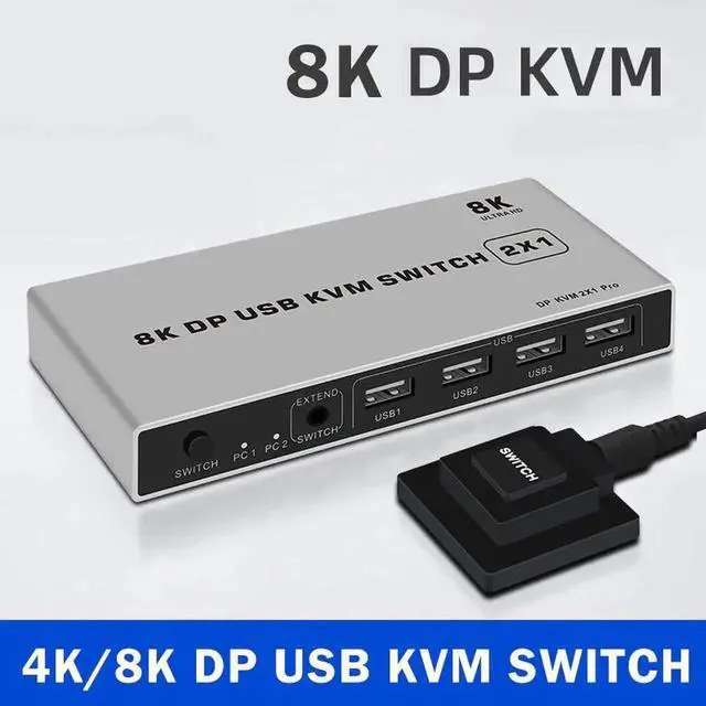 Alt view image 5 of 5 - Vszerda 2 Port DP 1.4 KVM Switch, Dual-Port DisplayPort USB KVM Switch Support 8K@60Hz & 4K@144Hz for 2 PCs Share Monitor Keyboard Mouse