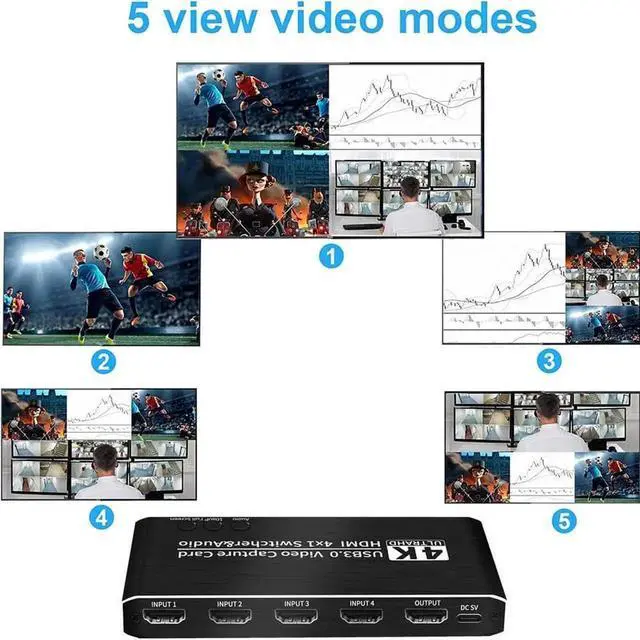 Alt view image 2 of 7 - Vszerda 4x1 4K@30Hz HDMI Multiview Capture Card USB3.0, Seamless Switch with HDMI Loop-Out, 3.5mm Mic & Audio Jack, 4-Way HDMI Input Game Recorder for Live Streaming & Video Recording