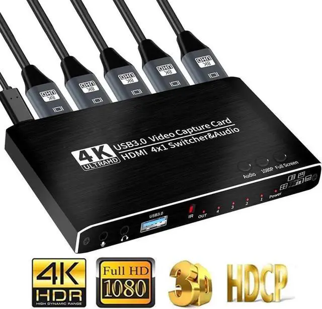 Main image of Vszerda 4x1 4K@30Hz HDMI Multiview Capture Card USB3.0, Seamless Switch with HDMI Loop-Out, 3.5mm Mic & Audio Jack, 4-Way HDMI Input Game Recorder for Live Streaming & Video Recording