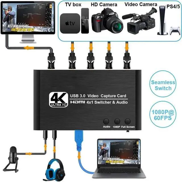 Alt view image 4 of 7 - Vszerda 4x1 4K@30Hz HDMI Multiview Capture Card USB3.0, Seamless Switch with HDMI Loop-Out, 3.5mm Mic & Audio Jack, 4-Way HDMI Input Game Recorder for Live Streaming & Video Recording