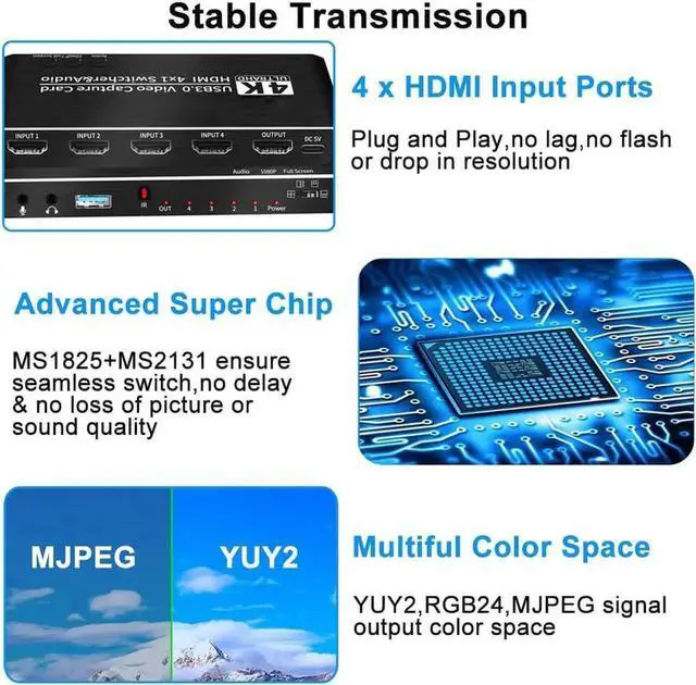Alt view image 5 of 7 - Vszerda 4x1 4K@30Hz HDMI Multiview Capture Card USB3.0, Seamless Switch with HDMI Loop-Out, 3.5mm Mic & Audio Jack, 4-Way HDMI Input Game Recorder for Live Streaming & Video Recording