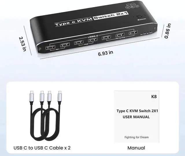 Alt view image 2 of 5 - Vszerda 2 Port USB-C KVM Switch with HDMI & DP Output, Thunderbolt Type-C KVM Hub 7 USB-A, 100W PD, RJ45 Ethernet & 3.5mm Audio Jack, 4K@60Hz for Laptops
