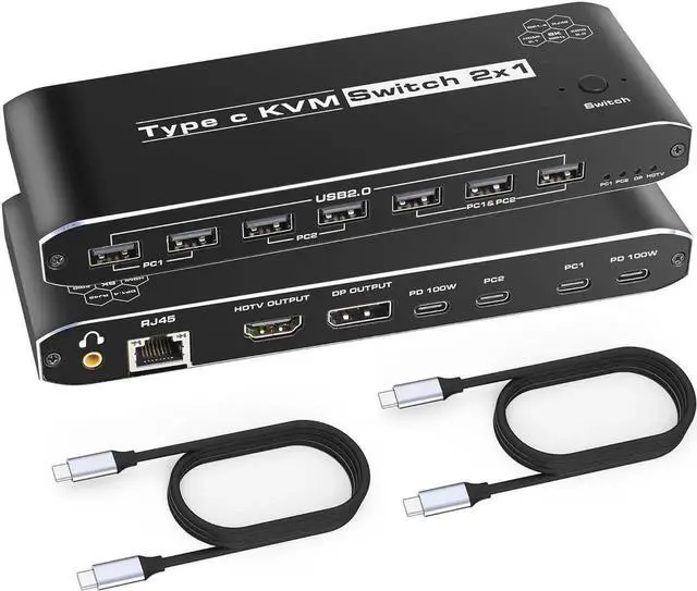 Main image of Vszerda 2 Port USB-C KVM Switch with HDMI & DP Output, Thunderbolt Type-C KVM Hub 7 USB-A, 100W PD, RJ45 Ethernet & 3.5mm Audio Jack, 4K@60Hz for Laptops