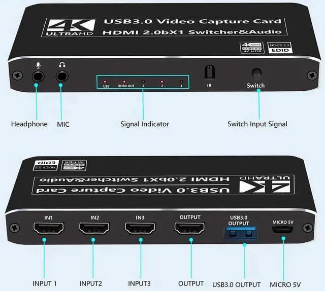 Alt view image 7 of 7 - Vszerda 3×1 4K@60Hz HDMI Multiview Capture Card with HDMI Loop-Out & 3.5mm Mic/Audio Jack, USB Game Video Grabber for PS5 PS4 Pro Xbox Series X/S Xbox One X/S PC Mac Live Streaming Recording