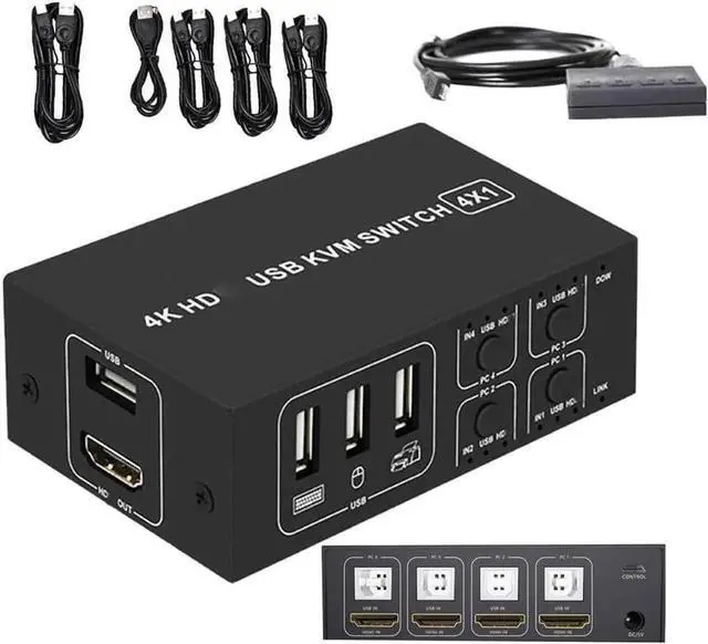 Main image of Vszerda 4 Port 4-In-1-Out HDMI KVM Switch, 4K@30Hz 1080P@60Hz USB KVM Switcher for 4 PCs Laptops, Share Monitor Keyboard Mouse, Support Win7 Win10 Mac