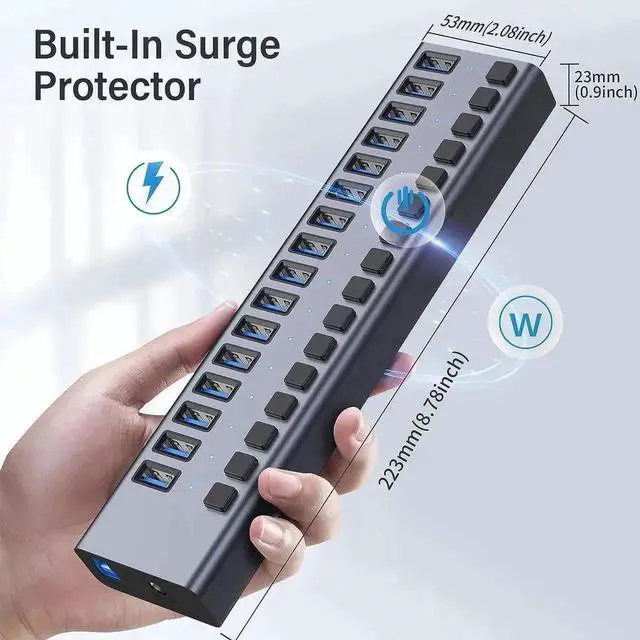 Alt view image 7 of 7 - Vszerda 16-Port Powered USB 3.0 Hub with Individual Switches, 90W 12V7.5A Power Adapter for Laptop & Desktop