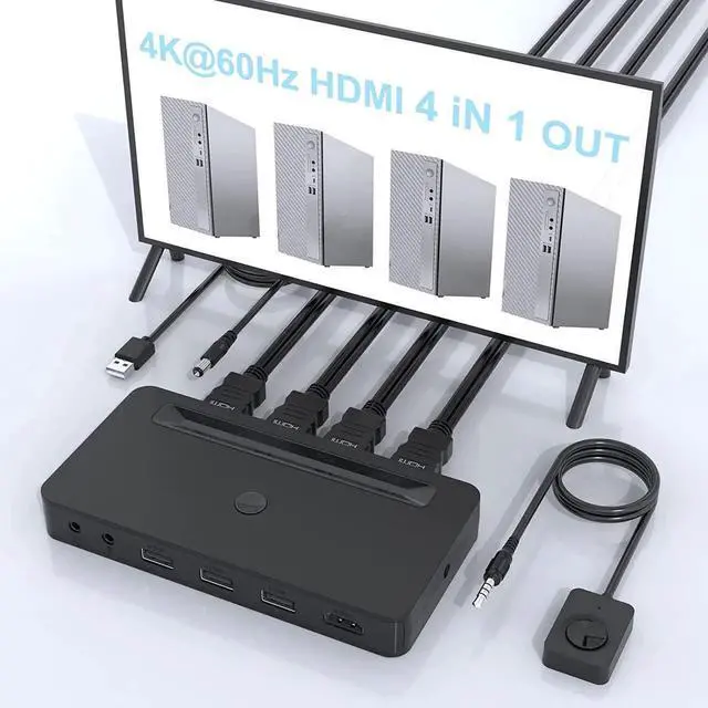 Main image of Vszerda 4 Port 4K HDMI KVM Switch for 4 Computers Share 1 Monitor, 3 USB Ports & Dual 3.5mm Audio Jacks, 4 HDMI Cables & Remote Control Included