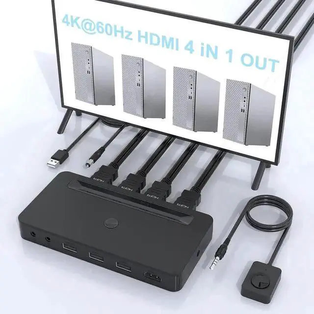 Main image of Vszerda 4 Port HDMI KVM Switch 4K@60Hz, 4 PCs Share 1 Monitor & 3 USB Devices, Dual 3.5mm Audio Jacks, 4 HDMI Cables & Remote Controller Included