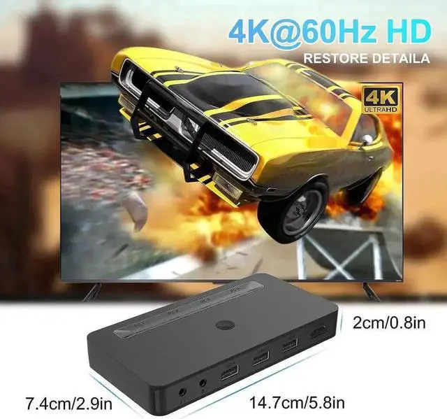 Alt view image 4 of 7 - Vszerda 4 Port HDMI KVM Switch 4K@60Hz, 4 PCs Share 1 Monitor & 3 USB Devices, Dual 3.5mm Audio Jacks, 4 HDMI Cables & Remote Controller Included