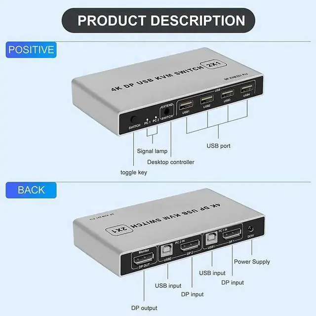 Alt view image 4 of 5 - Vszerda 2 Port DisplayPort 1.4 KVM Switch, 8K@60Hz 4K@144Hz USB DP KVM Switcher for 2 PCs Share Monitor Keyboard Mouse