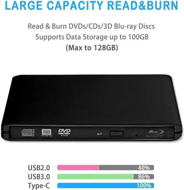 Alt view image 4 of 7 - Vszerda Black Aluminum External Blu Ray Burner USB3.0 Type-C BD CD DVD +/-RW Reader Writer Compatible with MacBook Mac Pro Windows Laptop Desktop PC