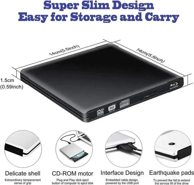 Alt view image 6 of 7 - Vszerda Black Aluminum External Blu Ray Burner USB3.0 Type-C BD CD DVD +/-RW Reader Writer Compatible with MacBook Mac Pro Windows Laptop Desktop PC