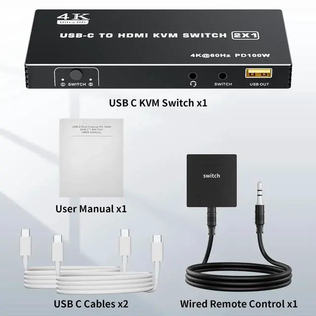 Alt view image 6 of 7 - Vszerda 2 Port USB-C KVM Switch 4K@60Hz, Type-C to HDMI 2.0 KVM Switcher with 100W PD, 3 USB Ports for 2 Laptops Share 1 Monitor, Controller & 2 USB-C Cables Included