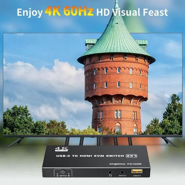 Alt view image 7 of 7 - Vszerda 2 Port USB-C KVM Switch 4K@60Hz, Type-C to HDMI 2.0 KVM Switcher with 100W PD, 3 USB Ports for 2 Laptops Share 1 Monitor, Controller & 2 USB-C Cables Included
