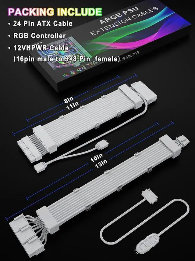 Alt view image 6 of 7 - Vszerda ARGB 12VHPWR PSU Extension Cable Kit with Flexible LED Strips, 24Pin Motherboard + 16Pin to 3×8Pin GPU Power Cables for Custom PC Modding