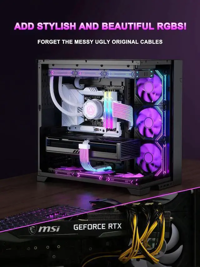 Alt view image 6 of 7 - Vszerda ARGB 12VHPWR Extension Cable Kit, 24Pin ATX + 16Pin to Dual 8Pin GPU Cord with LED Strip, PC Modding for RTX 5090/5080/4080