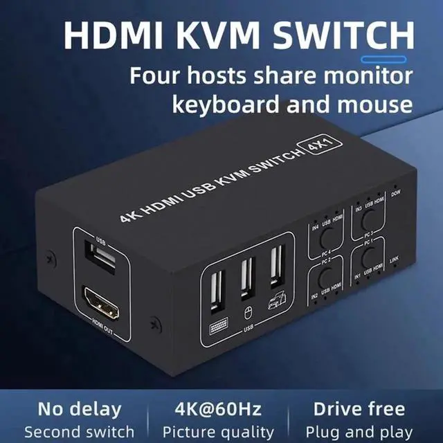 Alt view image 2 of 5 - Vszerda 4 Port 4 In 1 Out HDMI KVM Switch 4K@60Hz HDCP 2.2, USB KVM Switcher with Desktop Wired Controller for PC Laptop Windows Mac