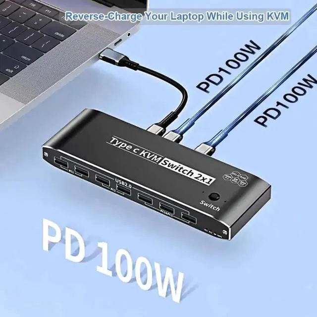 Alt view image 7 of 7 - Vszerda 2x1 USB-C KVM Switch, Thunderbolt 4 8K KVM Switch with RJ45 Ethernet Port, 100W PD Charging, 4K 144Hz Type-C KVM Switcher for 2 Computers Share 1 Monitor