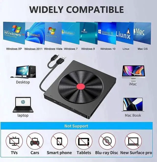 Alt view image 7 of 7 - Vszerda 6 IN 1 USB 3.0 Ultra-Slim External CD DVD RW Burner Optical Drive Player Compatible with Laptop Desktop MacBook Windows Linux MacOS