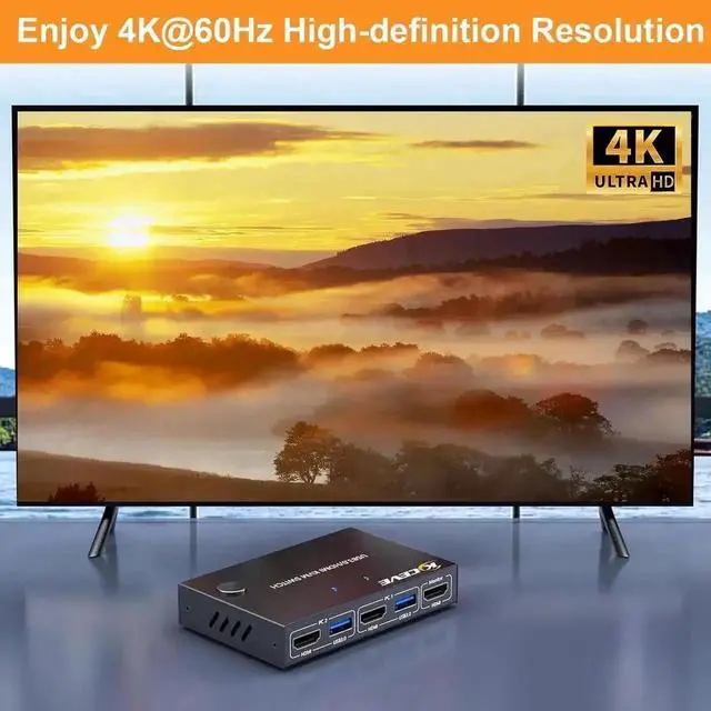Alt view image 4 of 7 - Vszerda 2x1 HDMI KVM Switch 4K@60Hz, 2 PCs Share 1 Monitor & 4 USB 3.0 Ports, EDID Emulation Lock Screen, Wired Remote Included