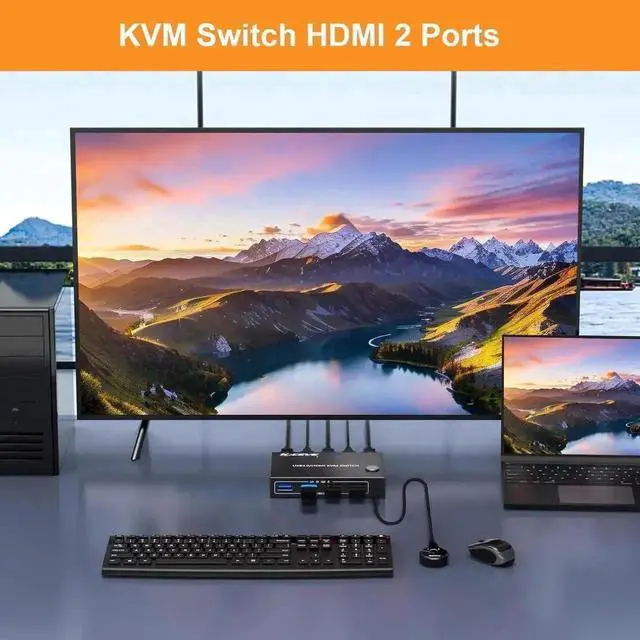 Alt view image 5 of 7 - Vszerda 2x1 HDMI KVM Switch 4K@60Hz, 2 PCs Share 1 Monitor & 4 USB 3.0 Ports, EDID Emulation Lock Screen, Wired Remote Included
