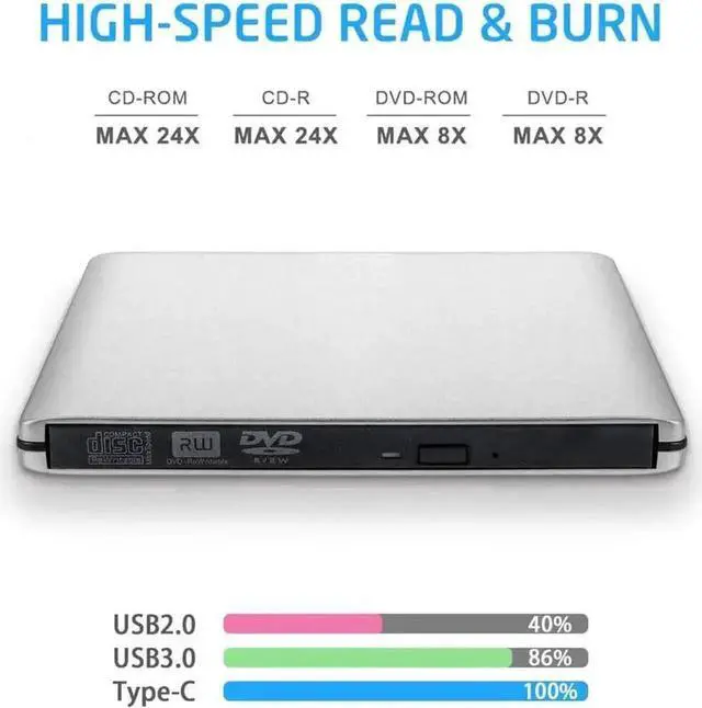 Alt view image 3 of 7 - Vszerda Silver Aluminum USB 3.0 Type-C LightScribe External CD DVD +/-RW Burner Slim Optical Drive Reader Rewriter Compatible with MacBook Laptop Desktop PC
