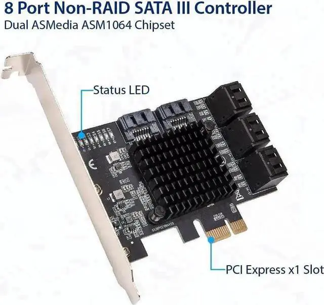 Alt view image 3 of 6 - Vszerda 8 Port PCIe 3.0 X1 SATA 3.0 Expansion Card Model SI-PEX40165, Dual ASM1064 Chips 6Gbps Non-RAID Storage Controller, Low Profile Bracket Included