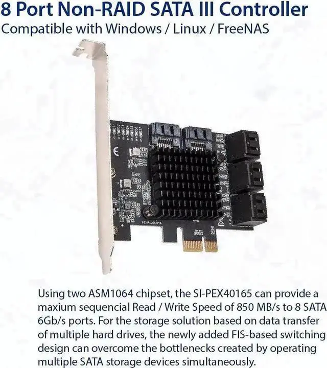 Alt view image 6 of 6 - Vszerda 8 Port PCIe 3.0 X1 SATA 3.0 Expansion Card Model SI-PEX40165, Dual ASM1064 Chips 6Gbps Non-RAID Storage Controller, Low Profile Bracket Included
